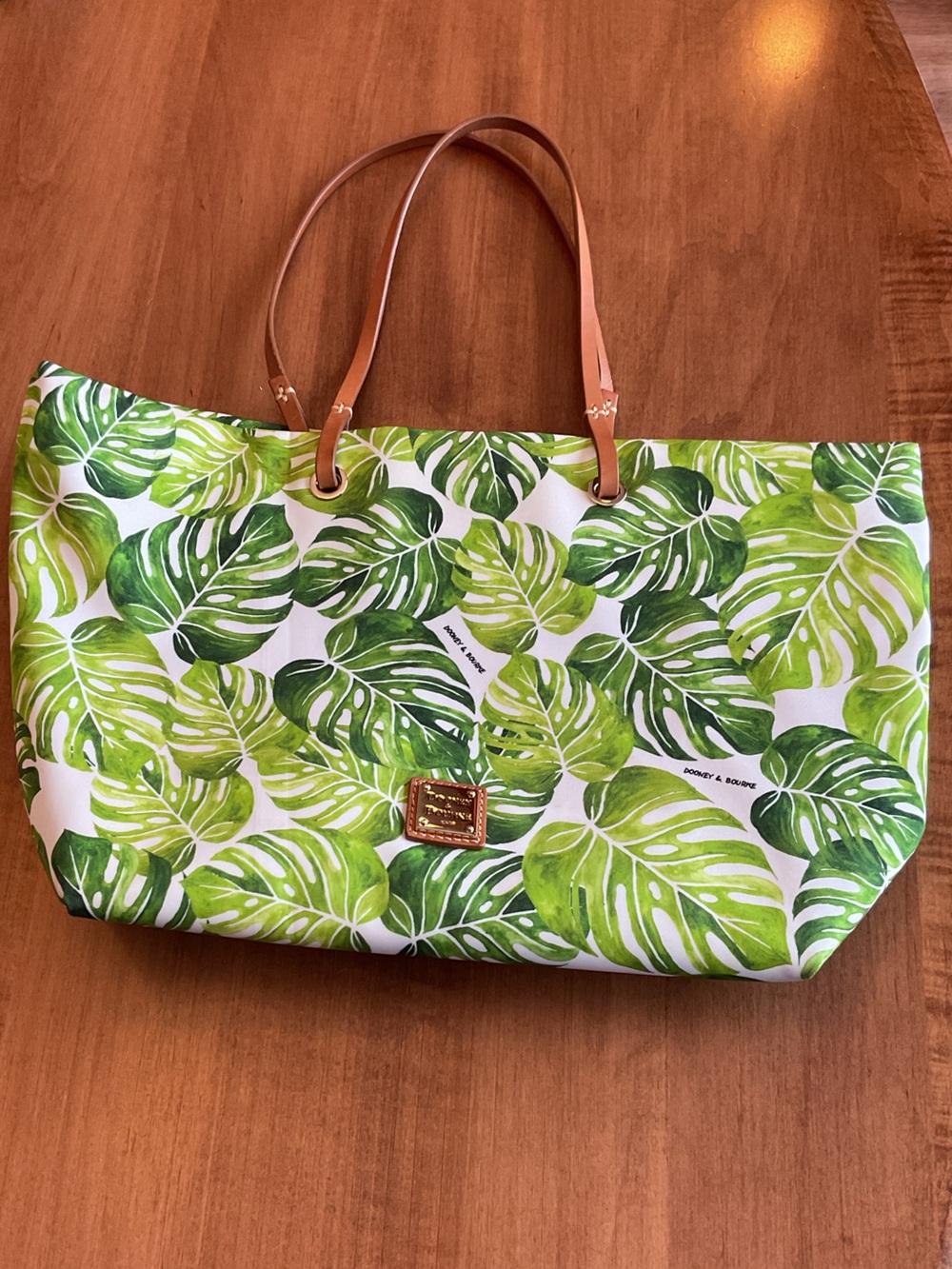 Dooney & Bourke White and Green Leaf Print Monteago Bay Tote with Tan Straps